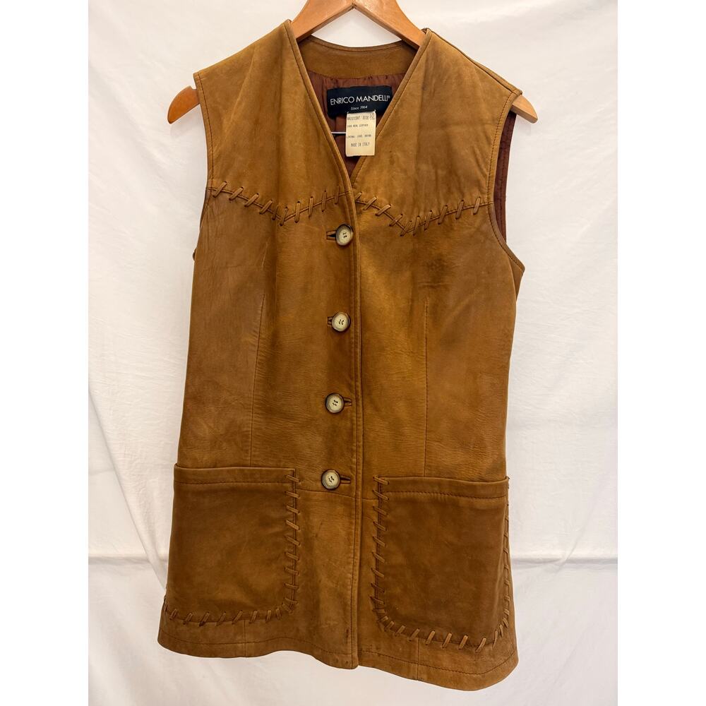 Vintage 70s Enrico Mandelli Real Leather Waist Coat Cowboy Fall‎ Rodeo Western